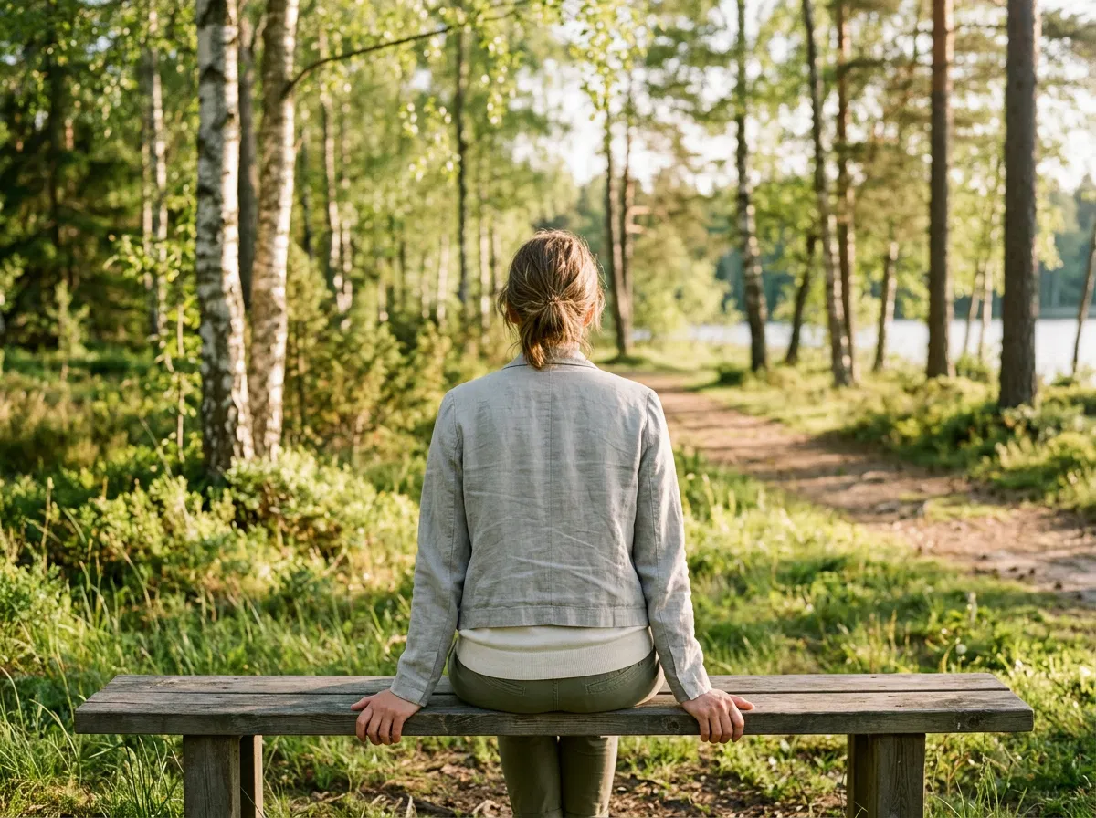 Anonym person sedd bakifrån i en park, lyssnar på naturljud - aktivt vardagsliv med god hörsel